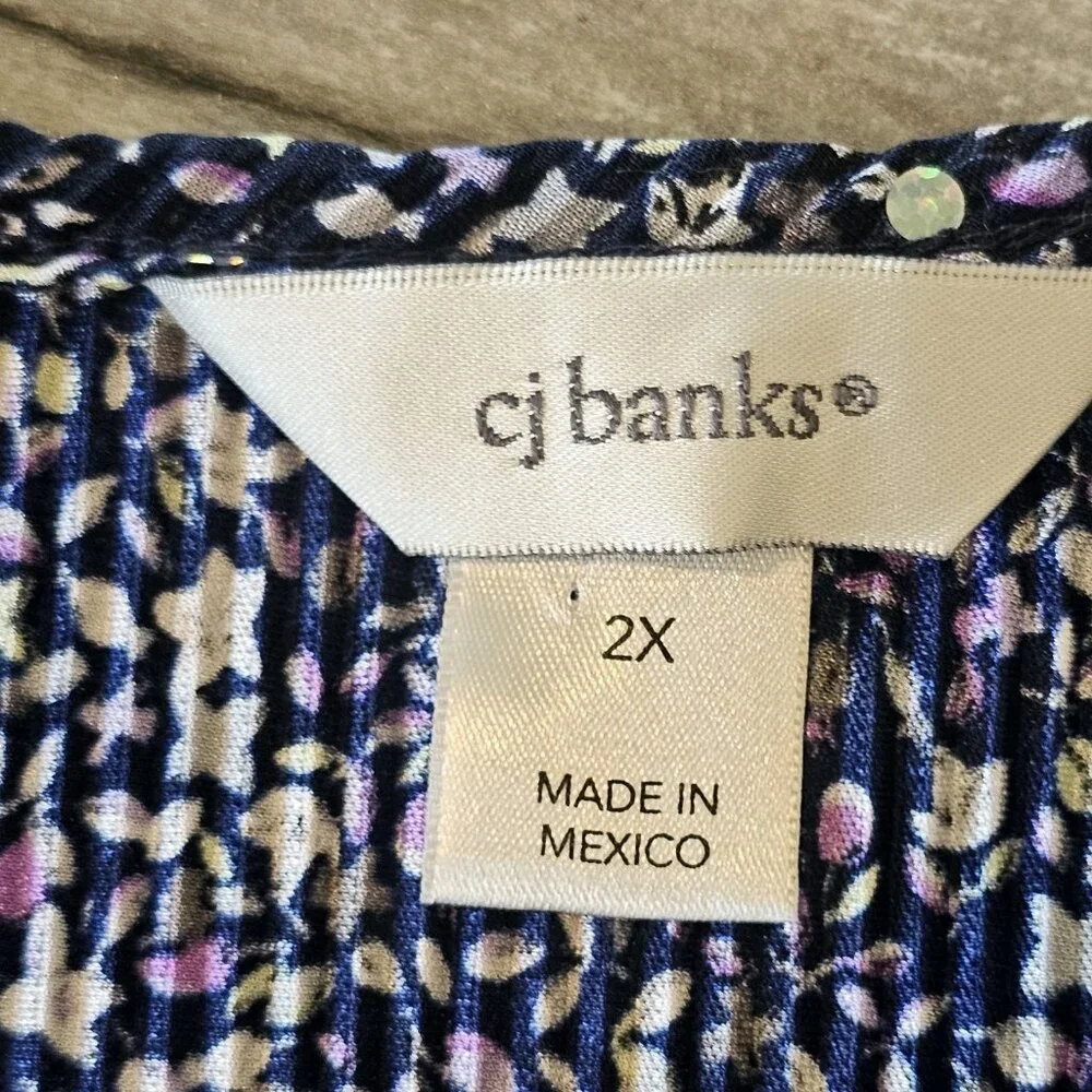 CJ Banks Blue Purple Blouse Layered Sequins Crinkle Micro Floral Sz 2X‎ Sparkle